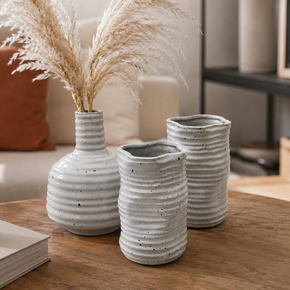 Minimalist Speckled Ceramic Vase Set 3-Piece Organic Wavy Edge Modern Grey Decor